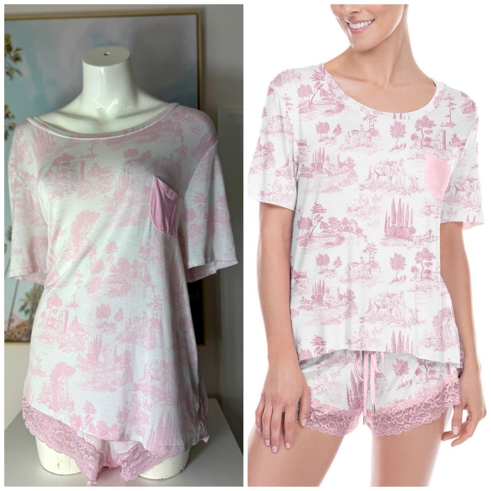 Honeydew White Pink Toile Lace Trim Pajama Set Shirt & Shorts Sleepwear Size XL